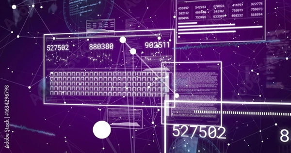 Obraz Displaying digital network mesh in purple cyberspace, with keyboard grid panel and code panels