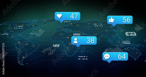 Fototapeta Displaying stylized world map on dark digital dashboard, with glowing social notification badges