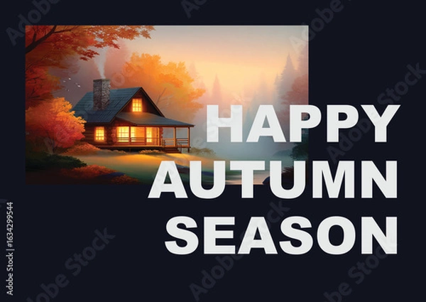 Fototapeta An inviting autumn greeting card featuring a charming cabin with glowing windows, surrounded by vibrant fall foliage and warm evening light. Ideal for celebrating the beauty and coziness of the autumn