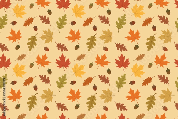 Fototapeta Seamless pattern of autumn maple and oak leaves and acorns. For wrapping, gift paper, backgrounds, banners, textile. Vector illustration in yellow, brown, olive, terracota tones on  yellow background.