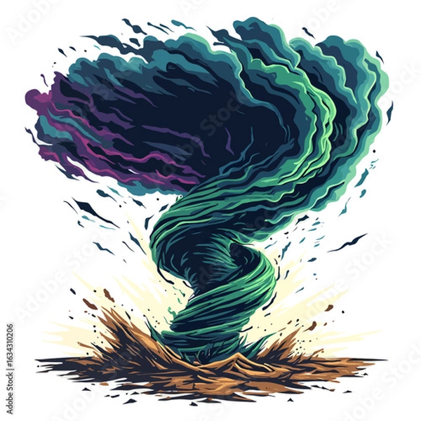 Fototapeta A swirling, vibrant vortex of teal and purple, resembling a stylized tornado, erupts from the earth, creating a dynamic and powerful visual.
