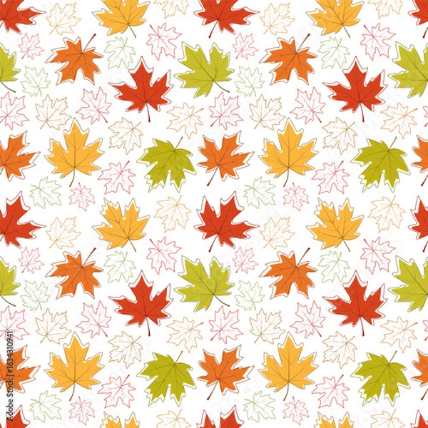 Fototapeta Seamless pattern of autumn maple leaves . Seasonal yellow,orange,red tones. Vector illustration on white background.For postcards decor, wrapping paper, stationery,scrapbooking, textile