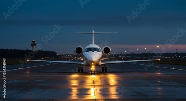 Fototapeta Modern private jet parked on wet runway at dusk with runway lights reflecting
