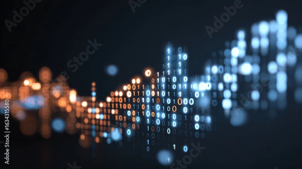 Obraz Abstract digital data flow with business graph over binary code. This futuristic concept represents technology, innovation, finance, and global connection with focus on data analysis