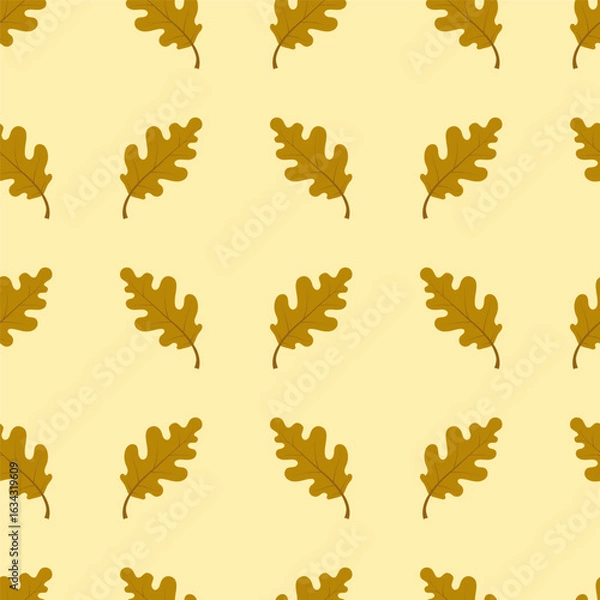 Fototapeta Oak leaves seamless pattern. Vector illustration on yellow background. For wrapping paper, scrapbooking, textile, backgrounds, posters.