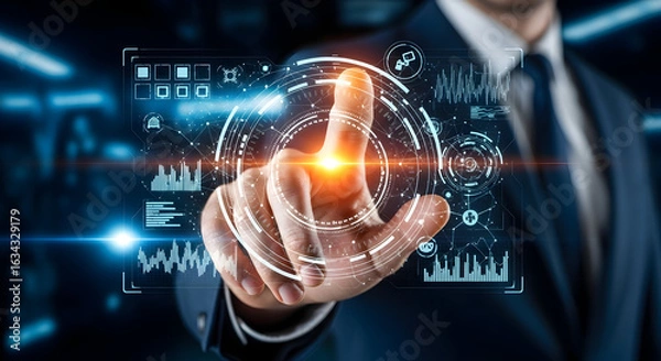 Fototapeta Elegant businessman touching futuristic interface with data streams for innovative technology control