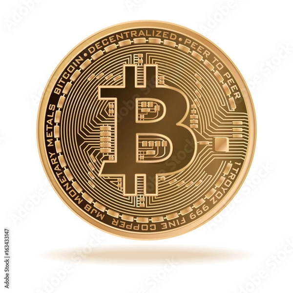 Fototapeta Bitcoin. Fizyczna moneta bitowa. Waluta cyfrowa. Kryptowaluta. Złota moneta z symbolem bitcoin na białym tle. Stockowa ilustracja wektorowa.