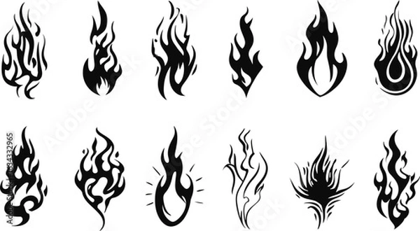 Fototapeta A diverse set of stylized black fire and flame icons. Perfect for tribal tattoo designs, graphic stencils, and symbolic vector illustrations.