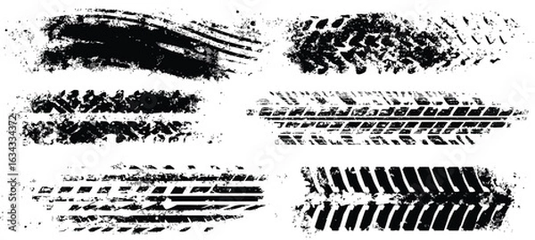 Obraz A vector set of six different black grunge tire track imprints. The distressed texture of wheel treads and skid marks isolated for design.