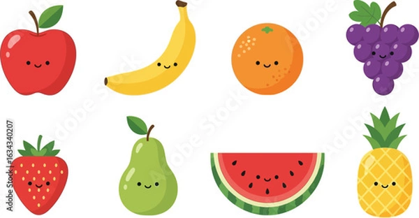 Fototapeta Collection of cute cartoon fruits including apple banana orange grapes strawberry pear watermelon and pineapple