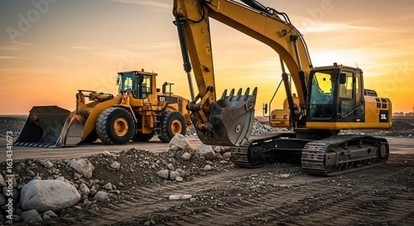 Obraz Construction machinery at sunset, powerful digging and loading