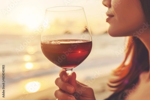 Obraz Enjoying a sunset by the beach while sipping red wine in a tranquil moment of relaxation and reflection