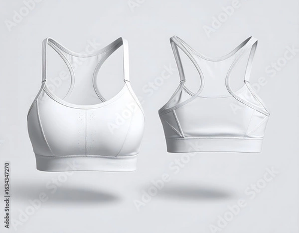 Fototapeta 3D mockup  white sports bras, front and back views, floating against a light gray background.