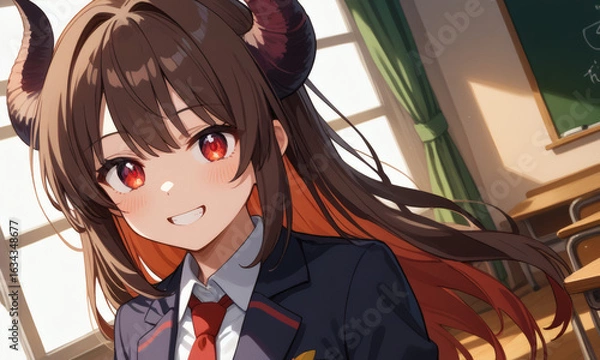 Fototapeta Charming anime girl with demon horns and glowing red eyes smiles confidently in a sunlit classroom, showcasing a perfect blend of fantasy and modern school life in detailed digital art.