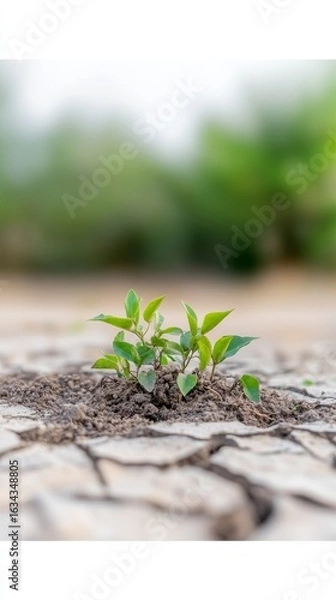 Fototapeta Vibrant Green Sprout Emerges from Cracked Earth, Symbolizing Resilience and Hope in a Dry Environment. New Life in Arid Soil.