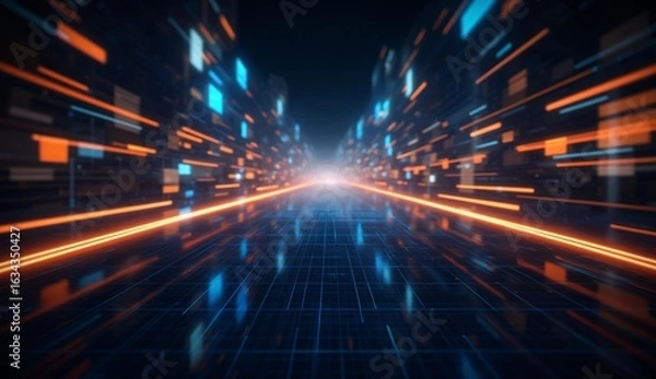 Obraz Futuristic Cityscape with Neon Lights and Grid Pathway