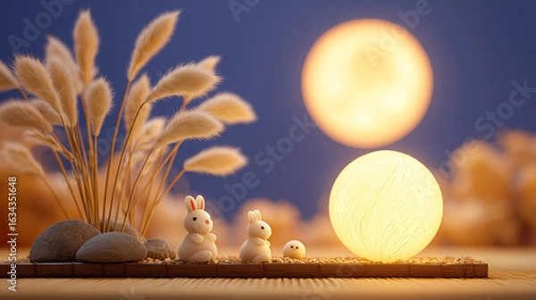 Obraz Cozy Moonlit Scene with Clay Rabbits