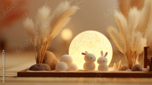 Obraz Cute Bunny Figurines with Warm Glowing Light