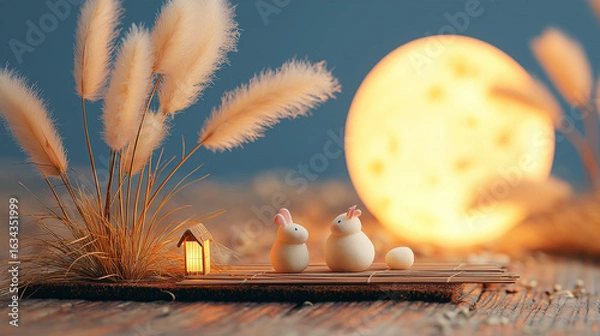 Obraz Miniature Rabbits under Glowing Harvest Moon