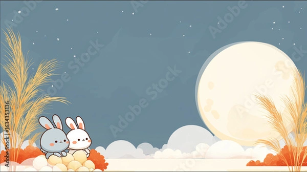 Obraz Cute Rabbits Under Moonlit Night Sky