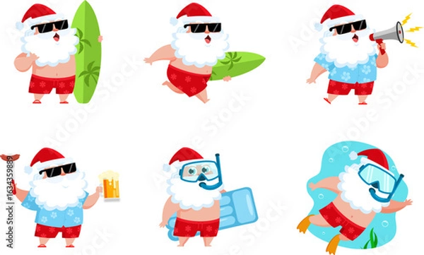 Fototapeta Summer Santa Claus In Different Poses. Vector Flat Design Collection Set Isolated On Transparent Background