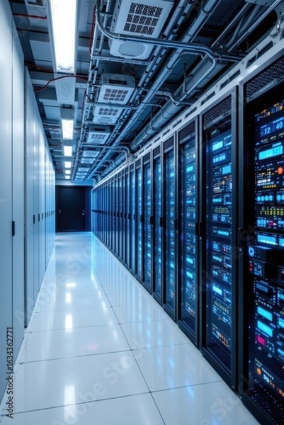 Obraz Modern Data Center Corridor with High-Tech Server Racks and Cool Lighting