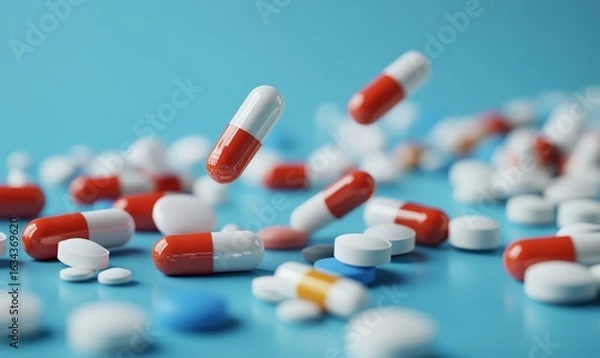 Fototapeta Capsules and tablets of various colors are distributed across a blue background, creating a dynamic arrangement that highlights different forms of medication