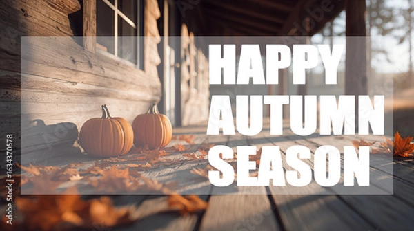 Fototapeta Rustic autumn greeting card featuring pumpkins and fallen leaves on a wooden porch, with warm sunlight creating a cozy seasonal atmosphere. Perfect for fall and Thanksgiving celebrations.