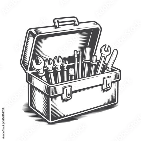 Fototapeta Open toolbox filled with wrenches and tools spanners socket set