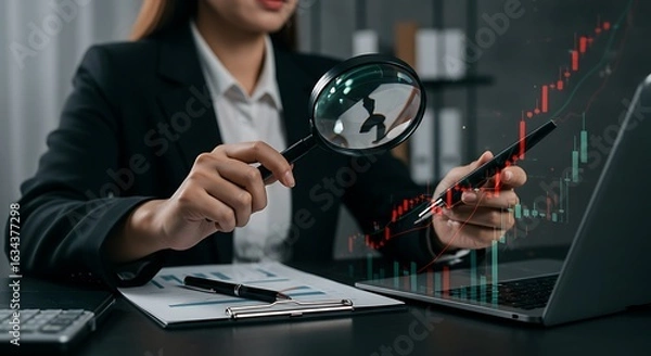 Fototapeta Businesswomen use magnifier glass find stock in stock markets, uptrends, growth economics, business strategy development, and opportunities for investment, take profit from funds, Financial Analyst.