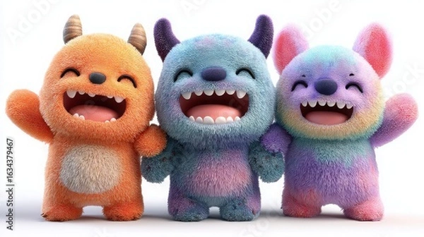 Obraz Cute Colorful Monsters with Big Smiles and Fluffy Textures