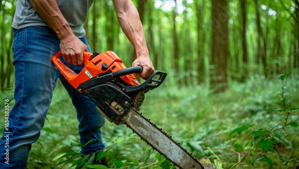 Fototapeta A man in jeans holds a bright orange chainsaw, standing in a lush green forest. Sunlight filters through the trees as he prepares for work among tall grass and foliage.