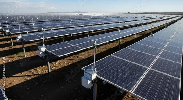 Obraz Expansive Solar Farm with Geometric Rows and Advanced Monitoring Technology