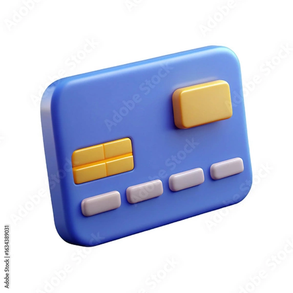 Fototapeta Minimalist 3D render of a blue credit card with raised buttons on transparent background