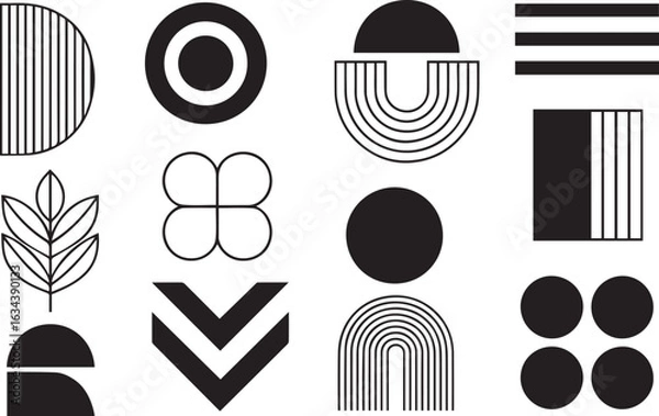 Fototapeta Abstract Minimalist Geometric Shapes and Organic Elements. Modern Black and White Minimalist Icon Set.