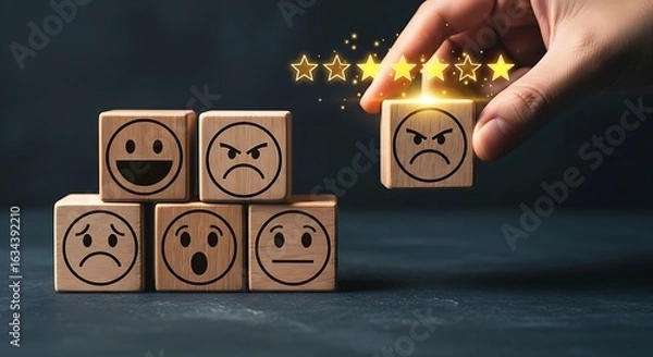 Obraz Customer Experience Review and Rating Concept with Wooden Blocks Showing Different Emotions and Feedback Stars Business Assessment