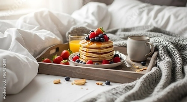 Obraz Delicious Pancakes with Fresh Berries and Maple Syrup Breakfast in Bed for a Cozy Morning Indulgence
