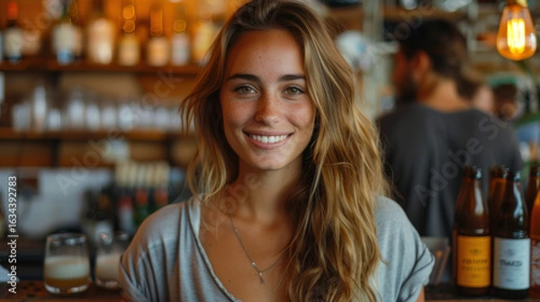 Fototapeta Smiling young woman with freckles and long wavy hair standing in a bar, looking towards the camera.