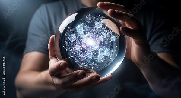 Obraz Man Holding Glowing Network Globe Future Technology Connectivity and Digital Communication Concept with Abstract Data Connections in Hands