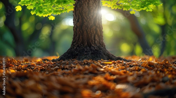 Fototapeta Sunlit Tree Base: A close-up view of a tree trunk surrounded by fallen leaves in a vibrant forest scene.