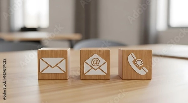 Obraz Three Wooden Blocks Displaying Contact Information Including Email at Symbol and Telephone for Communication and Outreach