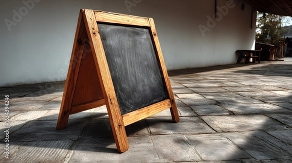 Fototapeta A-frame chalkboard sign stands on a stone surface outdoors in sunlight.