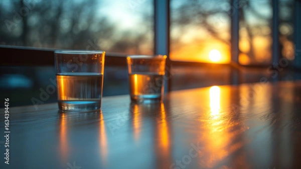 Fototapeta Two glasses of water sit on a table bathed in the warm glow of a setting sun, creating a serene ambiance.