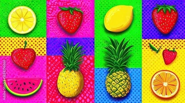 Fototapeta Colorful pop art style collage showcasing various fruits, vibrant and playful