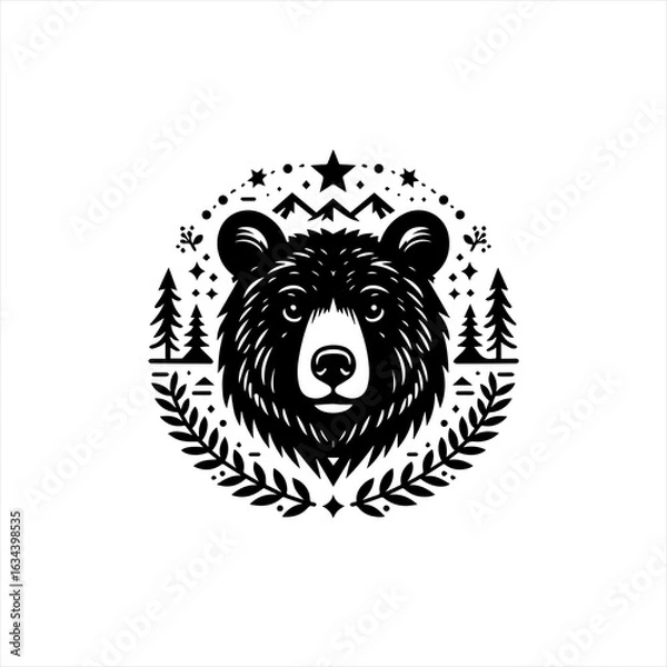 Fototapeta Bear head in a circular forest design