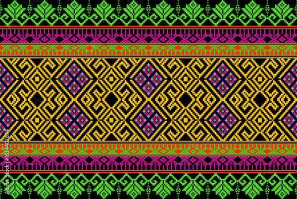 Fototapeta A vibrant pixel art pattern inspired by traditional Thai tribal weaving. This design features bold yellow diamond motifs, red geometric crosses, and decorative green and red ethnic borders, all arrang