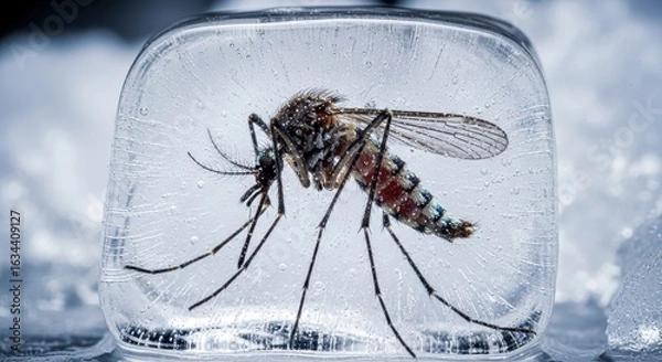 Fototapeta Mosquito frozen in ice, capturing disease vector in scientific research and pest control