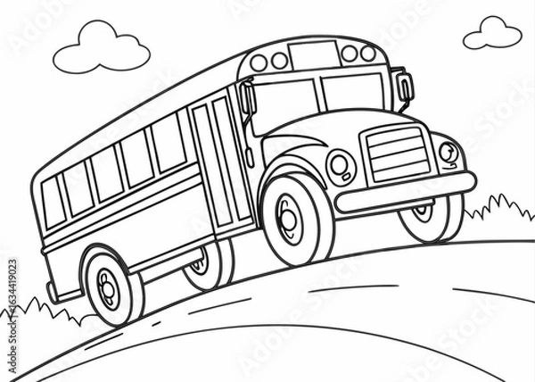 Obraz School bus outline drawing, front angle, chunky wheels, bold lines only, coloring sheet for toddlers, empty background, no complex elements