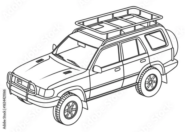 Obraz Search and rescue vehicle outline, with roof rack and simple equipment, clean lines, front perspective, coloring book template, white backdrop