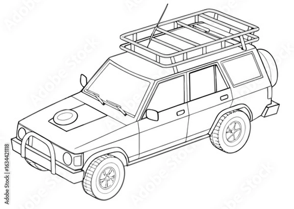 Obraz Search and rescue vehicle outline, with roof rack and simple equipment, clean lines, front perspective, coloring book template, white backdrop